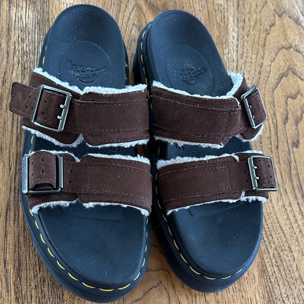 Dr. Martens Myles Fur Lined Brown Buckle Sandals